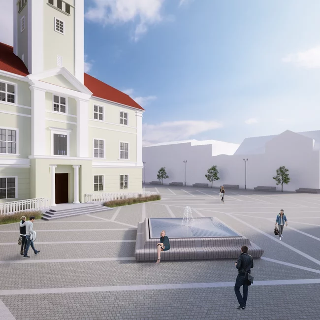 Siedziska fontanny wyłożone będą drewnem. 