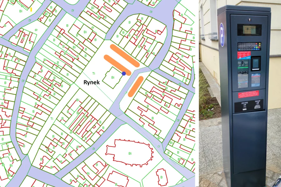 Kolor pomarańczowy: miejsca postojowe, fioletowy: przebieg dróg publicznych, niebieska kropka: parkometr.