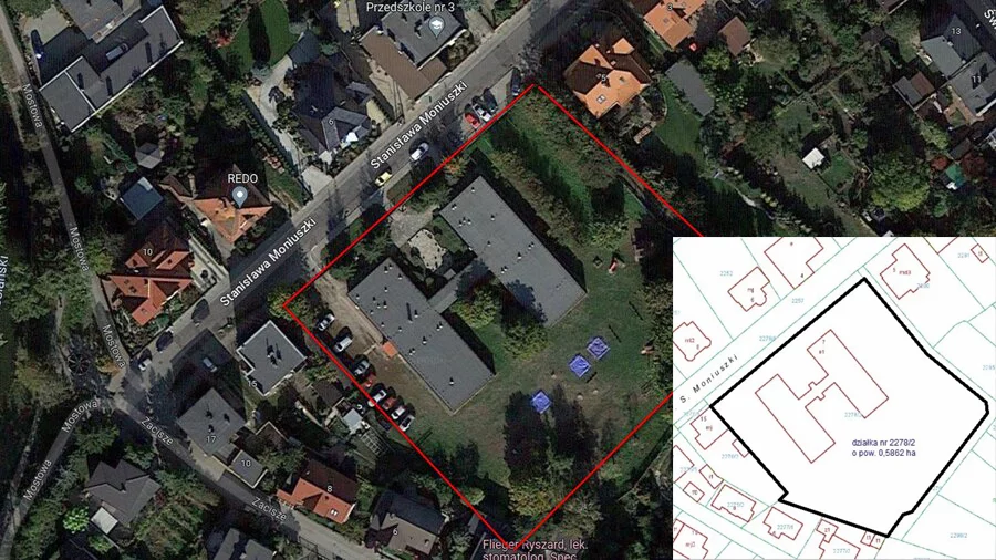 Działka po przedszkolu ma blisko 6 tys. m kw. (Fot. Mapy Google i mapka z oferty przetargowej)