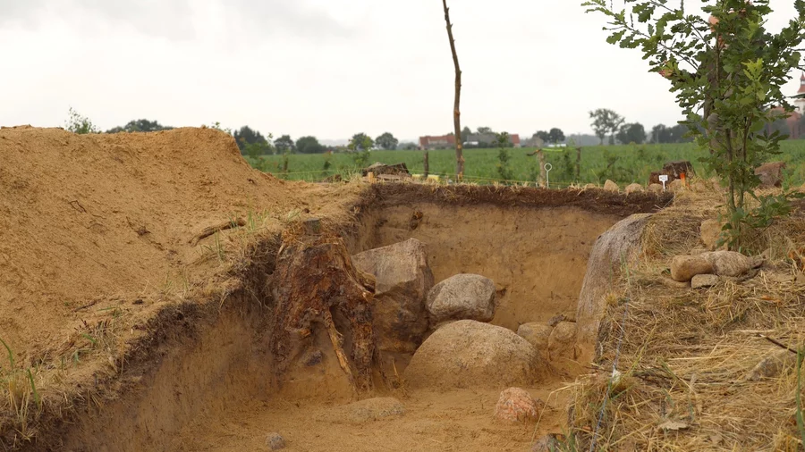 Odsłonięty fragment obstawy kamiennej grobowca.