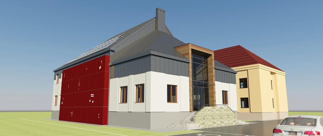 Wizualizacja budynku sali koncertowej. Źródło: gov.pl/web/psmkoscian