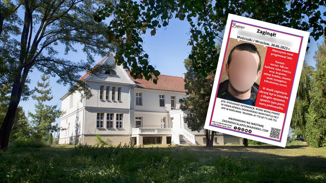 DPS w Mościszkach i jeden z licznych komunikatów z 2023 r. o zaginięciu. 